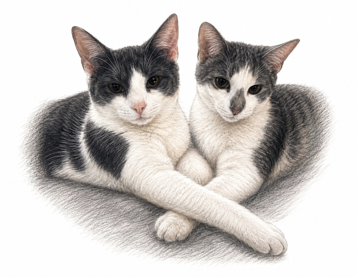Pomles logo — illustration of two cats, Pompom and Pickles, cuddling with their paws crossed